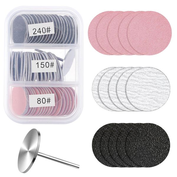 60 Pcs Sanding Paper Discs with Flat Nail Drill Bit Replacement Foot File Sandpaper Disc #80#150#240 Grits Round Sanding Discs Foot Files Replacement Sandpaper Discs for Manicure Pedicure Tools