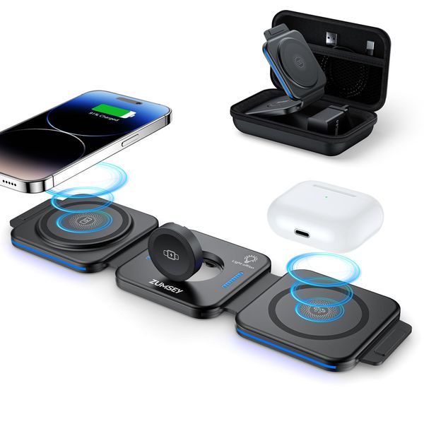 ZUMSEY Foldable Travel Wireless Charger, 3 in 1 Magnetic Wireless Charging Station for iPhone 15/14/13/12 Series, Apple Watch Charger for iWatch 9/Ultra 2/Ultra/8/7/6/SE/5/4/3/AirPods 2/3/Pro (Black)