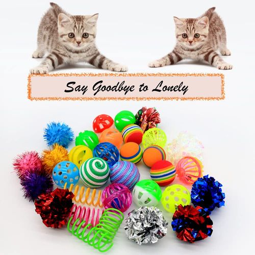 LASOCUHOO Cat Toys, Kitten Cat Ball Toys Assortments, Including Rainbow Ball, Crinkle Ball, Sparkle Ball, Bell Balls, Sisal Ball for All Cats 30 PCS