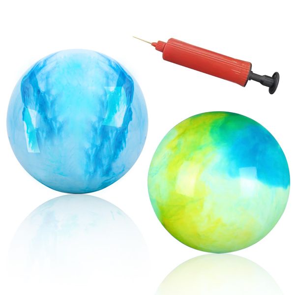 BLMHTWO 2 Pcs Marbleized Bouncy Balls Fun Bouncy Balls with Pump for Mens Womens Inflatable Playground Sensory PVC Bouncy Balls for Adults Pet Party Beach(White, Blue-Green and Yellow-Green)