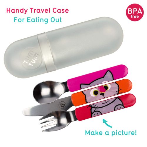 TUM TUM Toddler Cutlery Set with Travel Case, 3 Pcs Kids Cutlery Set Stainless Steel Includes 1 x Fork/Spoon/Knife, Kids Travel Cutlery Sets, BPA Free (Bluebell The Cat)