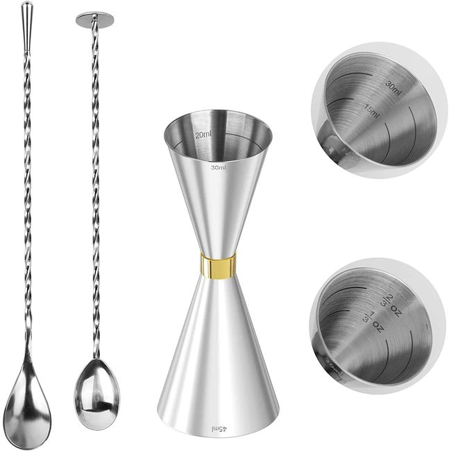 SAICOOS 30ml/45ml Jigger Cups Graduated Cocktail Measuring Measuring Measuring Bar Spoon 11.8 inches (30 cm), Fruit Grinding Bar Spoon, 10.6 inches (27 cm), Measuring Cup, Stainless Steel Bartender