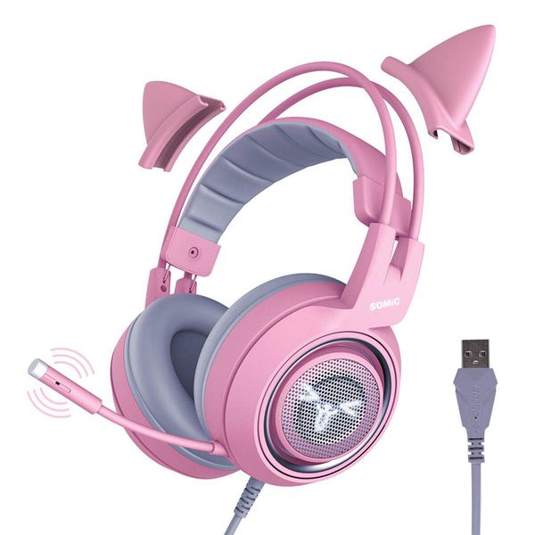 Somic G951rosa Rose Kat Gaming Headset Kopfhörer mit Virtuell 7.1 Klingen und LED Licht, Mikrofon für Computer, PS4, Laptop an Freundin, Frau (USB Stecker) USB-Buchse Rose