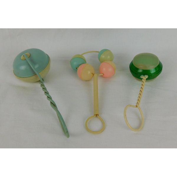 Lot 3 Vintage Celluloid ~ BABY RATTLES ~ Wire Handles