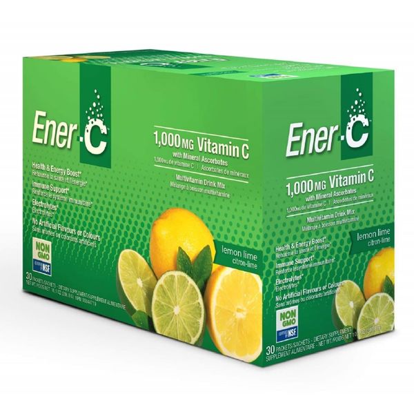 Ener-C Lemon Lime Multivitamin Drink Mix, 1000mg Vitamin C, Non-GMO, Vegan, Real Fruit Juice Powders, Natural Immunity Support, Electrolytes, Gluten Free, 1-Pack of 30