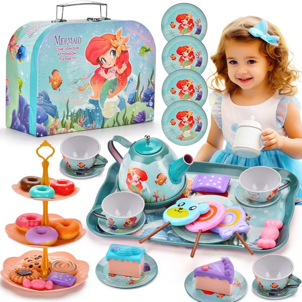 48pc Mermaid Tea Party Set for Little Girls,Birthday Gifts for Age 3 4 5 6 Year Old Girls,Pretend Tin Teapot, Cups, Plates,and Food Sweet Treats Playset for Princess Tea Time Play Kitchen Toys