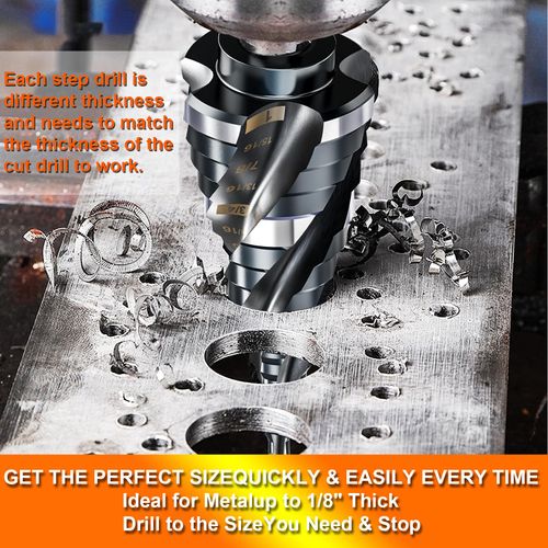 Four Spiral Flute Step Drill Bit for Metal,M35 Cobalt Unibit Step Drill Bit Set 1/8"-1"(9 Sizes),Wear-Resistant AlTiN Coated,3/8" Hex Shank for Metal, Stainless Steel, Aluminum, Plastic