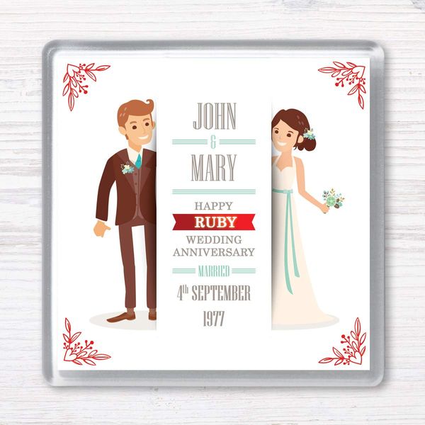 Ruby Wedding Anniversary (40 years) Gift Personalised Drinks Coaster. 12 Figures Choices, Any Names & Date