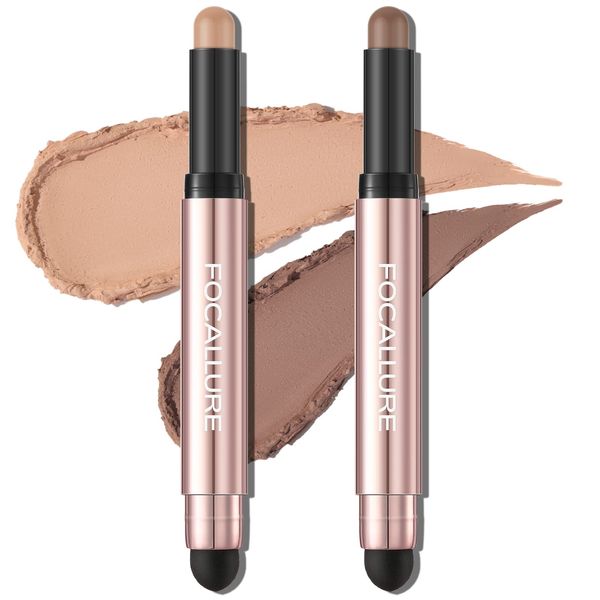 FOCALLURE 2PCS No Crease Eyeshadow Stick,Shimmer and Matte Cream Eyeshadow Pencil Crayon,Long Lasting Waterproof Eye Brightener Stick With Blending Brush,Nudist