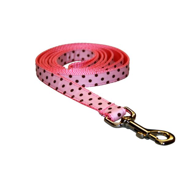 Small Pink/Brown Polka Dot Dog Leash: 3/4" Wide, 4ft Length - Made in USA.