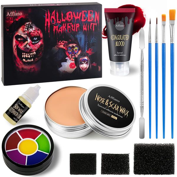 Special Effects Halloween Makeup Set, Afflano Nose & Scar Wax 60g+Fake Blood+Stipple Sponge*3+Spatula+Skin Wax Oil, Festival Stage Theatrical Wound Modeling Scar SFX Vampire Bruise Makeup 13 Kit