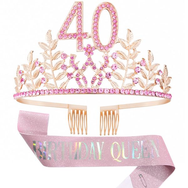 HPMAISON Women 40th Birthday Crown with Combs & A Pink Sash Rhinestone Headband Princess Tiara Cake Topper Party Costume Accessories Tiara and Belt for 40th Birthday Party Present