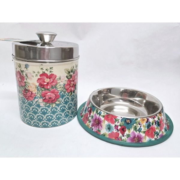 Pioneer Woman Floral Pet Treat Lidded Jar Cannister and Dog Bowl