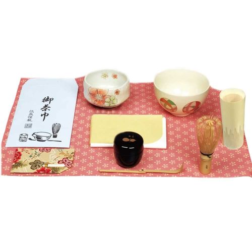 Tea utensils, Otemae Noda, Genji Basket Set (Rikyu Rice Bowl, Small Rice Bowl, Resin Size Hachiyaku), Chasen, Bamboo Tea Basin, Tea Cloth, Ochashaku, Kaisaki, Kaisaki, Pastry Holder, Furoshiki) Beige