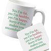 Flox Creative Ceramic Mug and Coaster Fat Healthy Happy Both Sides