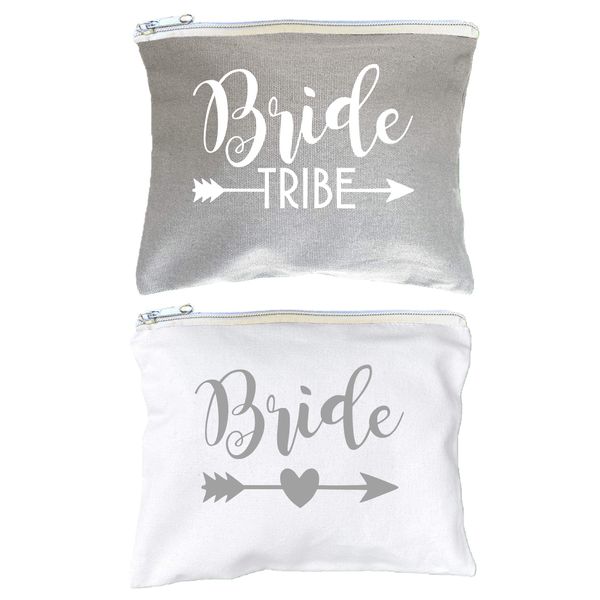 12 Piece Set + 1 Bride Bag | AMERIBA Premium XL Natural Cotton Canvas Makeup Clutch | Bridesmaid Gift for The Bachelorette Party or Bridal Shower | Designed in The USA (White & Gray)