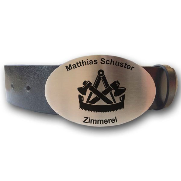elbedruck Ledergürtel mit ovaler Gürtelschnalle Zunftzeichen Zimmerer und Wunschgravur personalisiert Dein Text Name Firmenname Zimmermann Geschenk (S (Länge 100 cm))