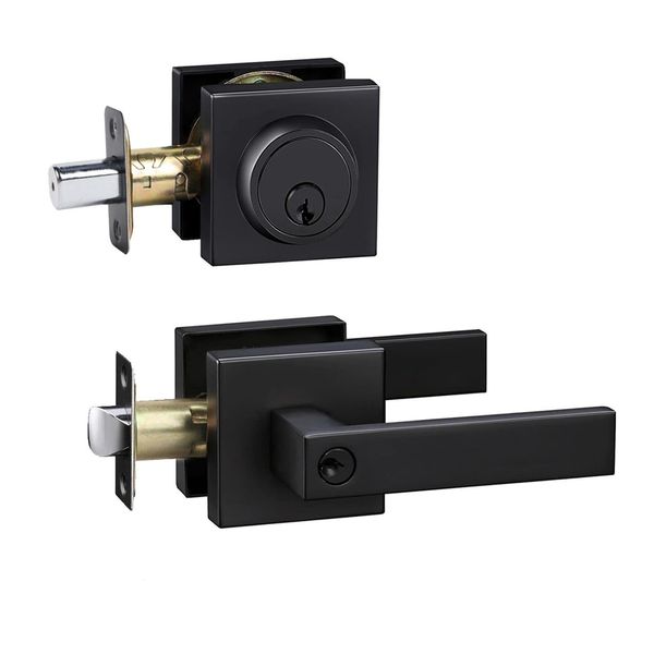 Front Door Lock Set,Keyed Alike Door Handle with Single Cylinder Deadbolt,Black