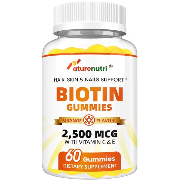 Biotin Gummies 2500mcg - Vitamin C & E, Orange Flavor, 60 Gummies