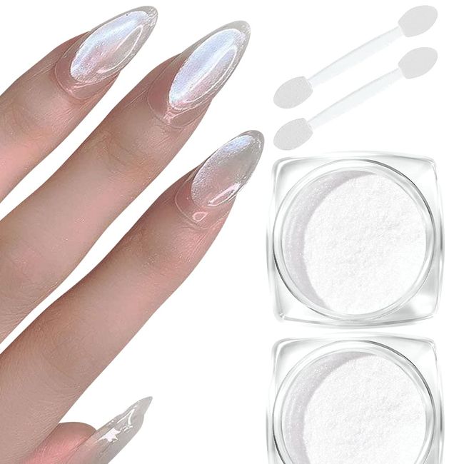 RONGHUA 2 Pcs Chrome Nail Powder White Pearl,Mirror Effect Aurora Magic Pearlescent Nail Jewelry Mirror Glitter Powder Holographic Pigment,Healthy & Long-Lasting for Nail Art Decorations