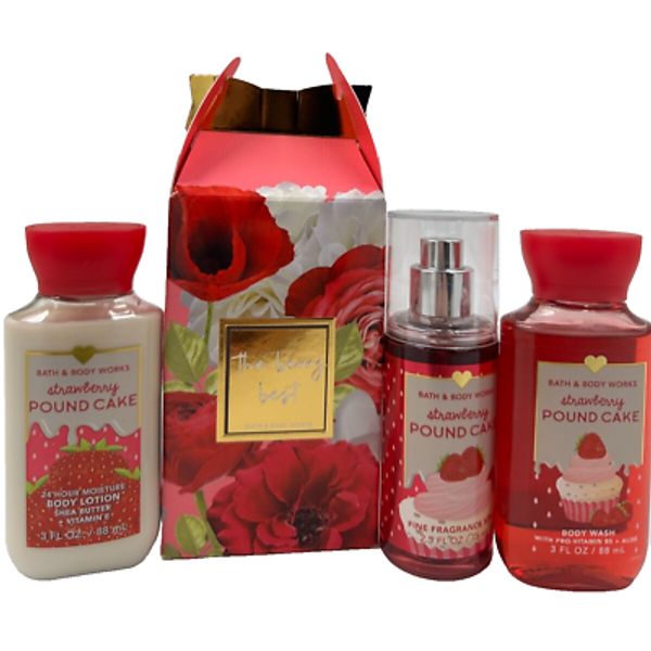 Bath & Body Works Travel 3pc Set Strawberry Pound Cake Lotion Mist Wash Berry