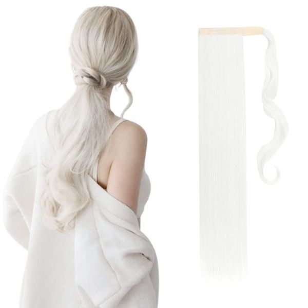 23" Long Straight Wrap Around Ponytail Clip in Hair Extensions One Piece Hairpiece Magic Tape in Pony Tail Extension for Women White