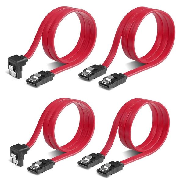 YFFSFDC SATA 3 Cable, Serial Cable, Set of 4 (Straight + Bottom L), Serial ATA 3 Cable, Shedding Prevention, Ideal for Hard Disk/Optical Drives, Latched, 50cm Hard Drive, SSD, S-ATA III, Data Code, Red