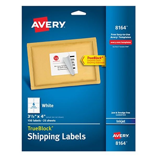 Avery Shipping Address Labels, Inkjet Printers, 150 Labels, 3-1/3x4 Labels, Permanent Adhesive, TrueBlock (8164), White