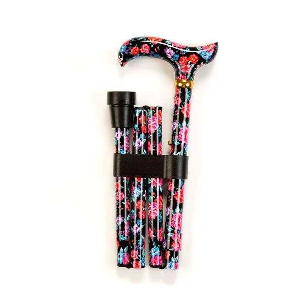 Folding Walking Stick with Blue and red Floral Pattern