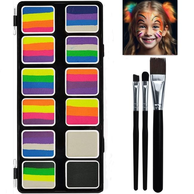 Gesicht Körperfarbe Bausatz, Professionelle Wasser aktiviert Farben Regenbogen Streifen Palette mit Pinsel, sicher & ungiftig Gesicht Körper Malerei Make-up für Halloween Cosplay Party Bühne Auftritte