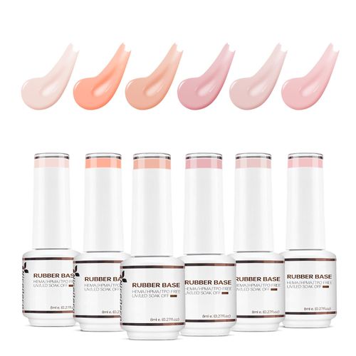 Nicedeco 4 In 1 Rubber Base Gel Set For Nails, Hema Free Nude Rose Pink Sheer Color Gel Nail Polish UV LED Soak Off, Elastic Rubber Nail Strengthen Enhance Base Coat 6pcs x 8ml-Kit36
