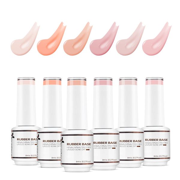 Nicedeco 4 In 1 Rubber Base Gel Set For Nails, Hema Free Nude Rose Pink Sheer Color Gel Nail Polish UV LED Soak Off, Elastic Rubber Nail Strengthen Enhance Base Coat 6pcs x 8ml-Kit36