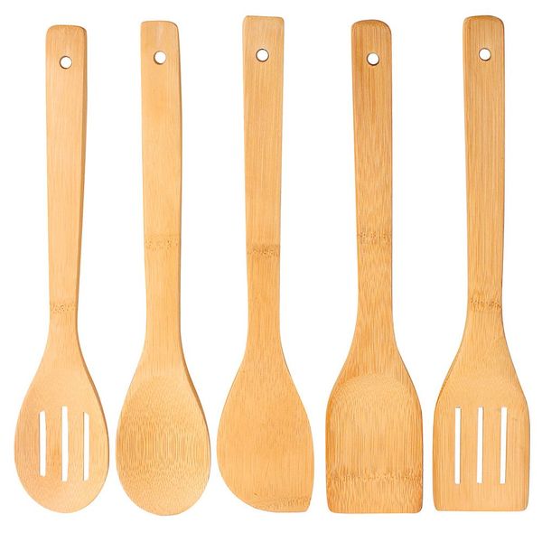 5 Pcs Bamboo Cooking Utensils Set Kitchen Utensils Set Tools Cooking Spatula Spoon Turner Cookware for Non-Stick Pans Healthy Natural Bamboo Wooden Non Scratch Valentine's Day Present