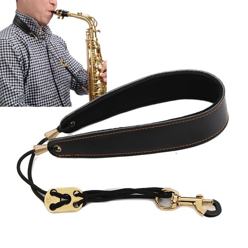 JIAMIAN Universal Black Genuine Leather Sax Neck Strap, Premium Saxophone Strap, With Comfortable Padded Lining Adjustable Buckle, Metal Hook, For Any Saxophonist