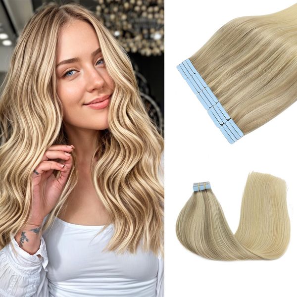 JESSBO Tape Extensions Echthaar,18 Inch 20pcs 50g/Pack HaarverläNgerung Echthaar Tapes Ash Blonde Highlighted Bleach Blonde Invisible Tape In Hair Extensions