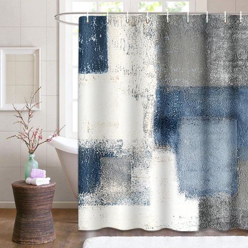 ArtSocket Shower Curtain Gray Contemporary Blue and Grey Abstract Painting White Interior Home Bathroom Decor Polyester Fabric Waterproof 72 x 72 Inches Set with Hooks