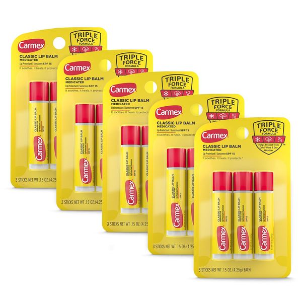 Carmex Classic Medicated Lip Balm Sticks, Lip Moisturizer for Chapped Lips, 15 Count (5 Packs of 3)