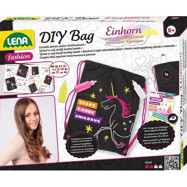 Lena 42607 Bastelset DIY Rucksack Einhorn, Komplettset mit Leinenrucksack ca. 35 x 42 cm, 3 Textilstifte, 3 Schablonen und Bügelfolien, Mode Styling für Kinder ab 8 Jahre, Fashion Set mit Anleitung