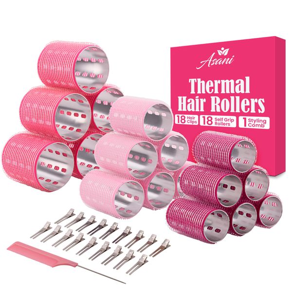 Asani Thermal Hair Rollers - 37 Self Grip Rollers, 18 Clips, Styling Comb - Aluminum Rollers for Volume and All-Day Curls - Short, Medium, Long Hair (Large) in Black