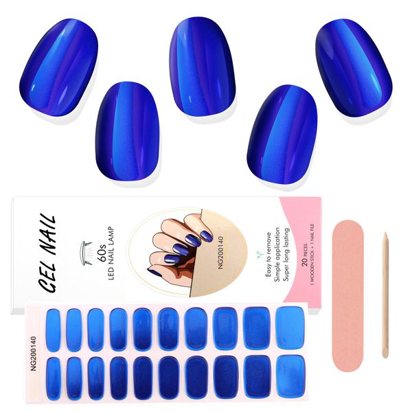 Kalolary Blue Gel Nail Strips, Blue Chrome Full Wrap Gel Nail Polish Stickers, Metallic Mirror Effect Nail Wrap Long Lasting Salon Quality, Nail File & Wood Stick(UV/LED Lamp Required）