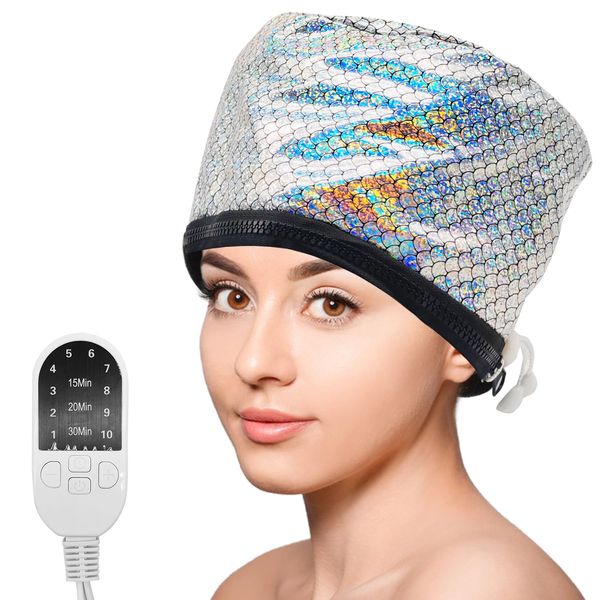 Hair Steamer Cap, Portable Hair Care Hat with 10 Mode Temperature Control, 110V Electric Heating Cap for Hair SPA Beauty Steamer Nourishing Hat Hair Thermal Treatment Cap (Colorful Fish Scales)