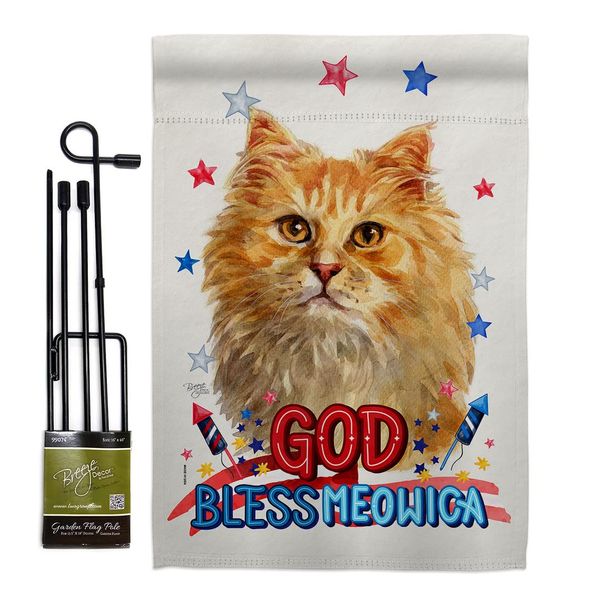 Breeze Decor Patriotic Ginger Long Hair Garden Flag Set with Stand Cat Kitten Meow Spoiled Paw Fur Pet Nature Farm Animal Creature House Banner Small Yard Gift Double-Sided, Made in USA