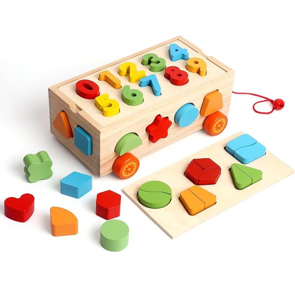 Popgaga Montessori Educational Toy, 3D Puzzle, Wooden Toys, 1, 2, 3, 4, 5, 6 Years Old, Boys and Girls, Building Blocks, Wooden Car Toy, Shape Recognition, Early Development, Fingertip Training, Birthday Gift, Baby Shower, Kindergarten Entrance Celebratio