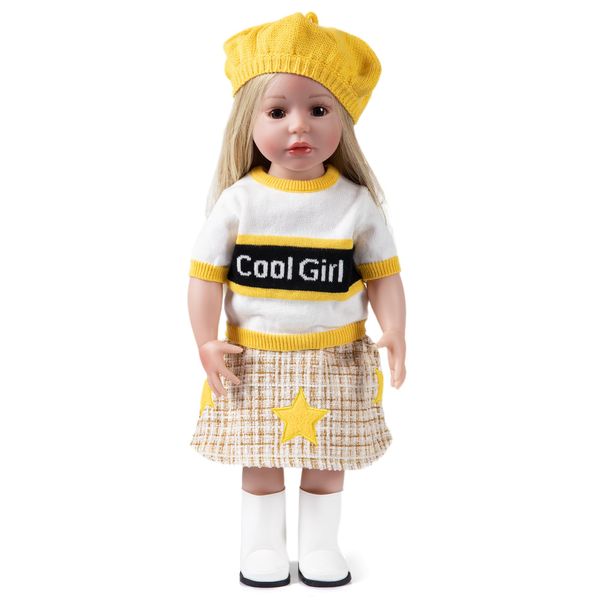 Rakki Dolli Doll Clothes Accessories 4 Pcs Set, Yellow Knit Hat & Knit Sweater & Skirt & Shoes, Fashionable Dress Set for 18" Girl Dolls (Doll Not Included) 055