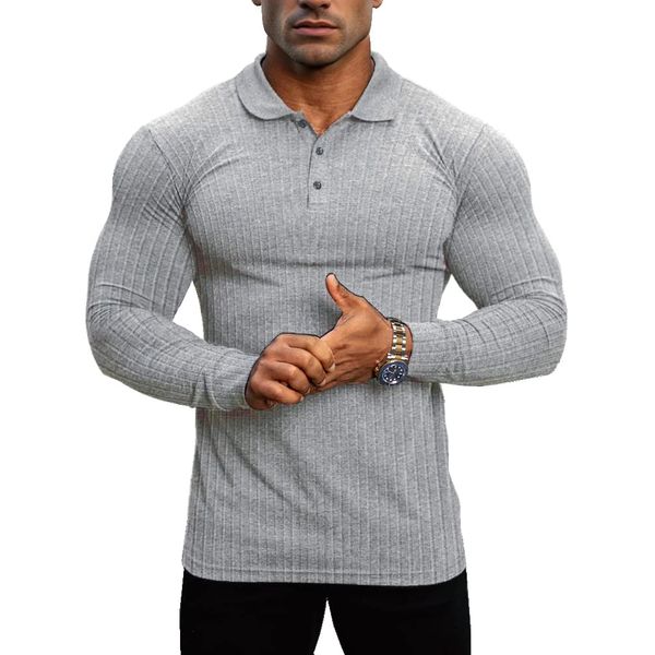 Lehmanlin Men's Stretch Muscle Shirts Long Sleeve Cotton T-Shirts Slim Fit Polo Shirt （Grey-L）