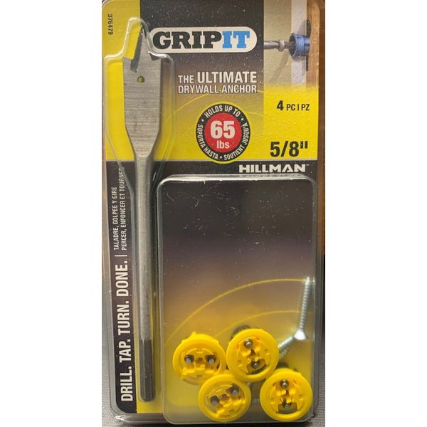 Hillman GripIt the Ultimate Drywall Anchor 5/8" w / drill bit. NEW (holds 65#)