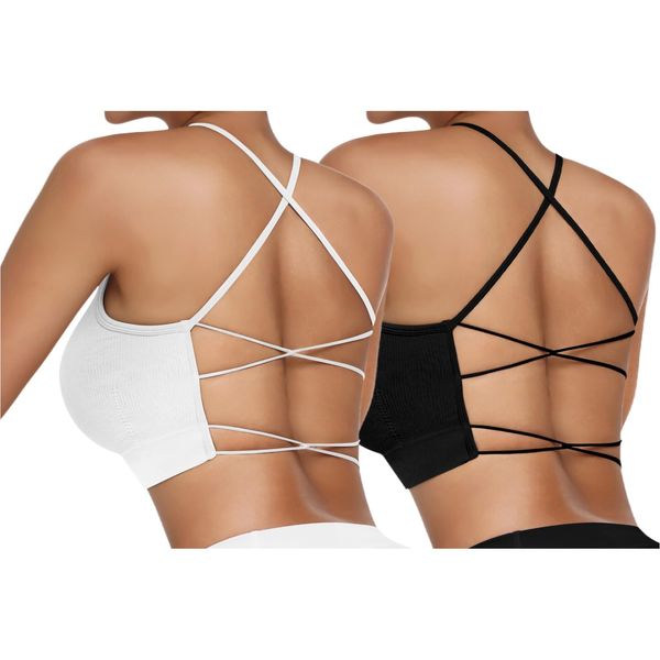 Vertvie Damen Sport BH Gepolstert Crossback Yoga Sports Bra Spaghettiträger Rücken Verkreuzt Gerippt Bustier Ohne Bügel Atmungsaktiv BH mit Abnehmbaren Cups(2pc: Schwarz + Weiß,S)