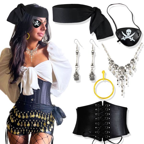 JeVenis Black Pirate Costume Accessories Set Pirate Headband Wrap Eye Patch Earring Necklace Waist Belt Captain Pirate Costume Carnival Music Festival Outfit