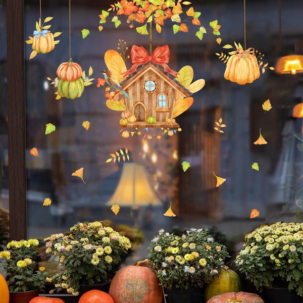 AIBIIN Autumn Window Stickers Pumpkins Fall Leaves Bird Nest Double Sided Window Decals for Home Shop Glass Window Decoration