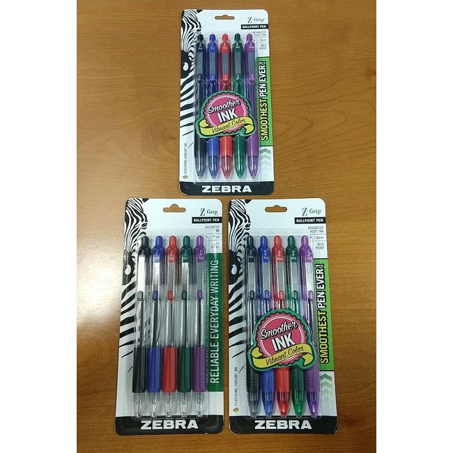 3 Packs Zebra Z-Grip Retractable Ballpoint Pen, Med Point 1.0mm 5 Colors/pk - 7C